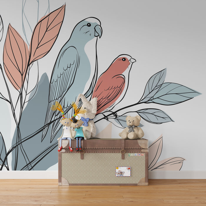 Papier peint chambre enfant | Oiseaux colorés et feuillage délicat