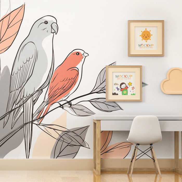 Papier peint chambre enfant | Oiseaux colorés et feuillage délicat