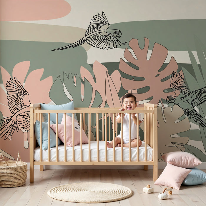 Papier peint chambre enfant | Oiseaux colorés et feuillage tropical