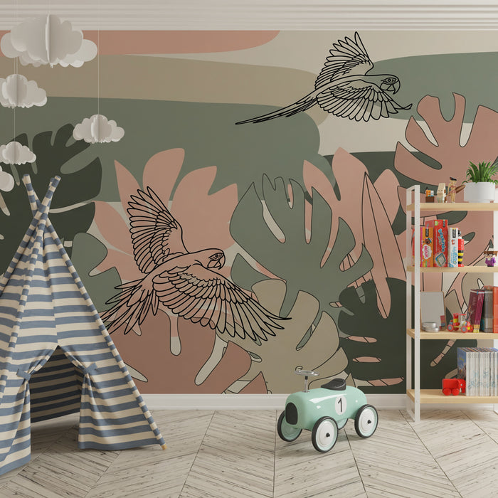 Papier peint chambre enfant | Oiseaux colorés et feuillage tropical