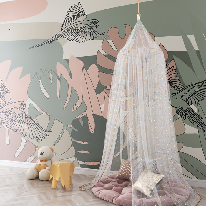 Papier peint chambre enfant | Oiseaux colorés et feuillage tropical