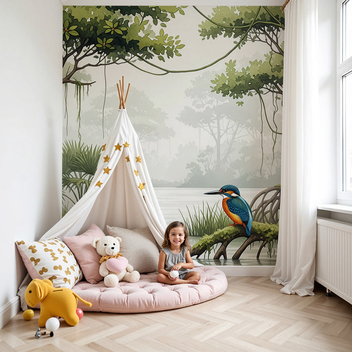 Kinderzimmer Tapete | Bunte Vögel und ruhiger Mangrovenwald