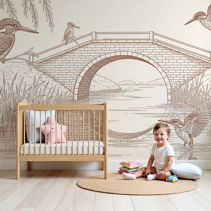 Papel de parede para quarto infantil | Pássaros coloridos e paisagem tranquila com uma ponte de tijolos