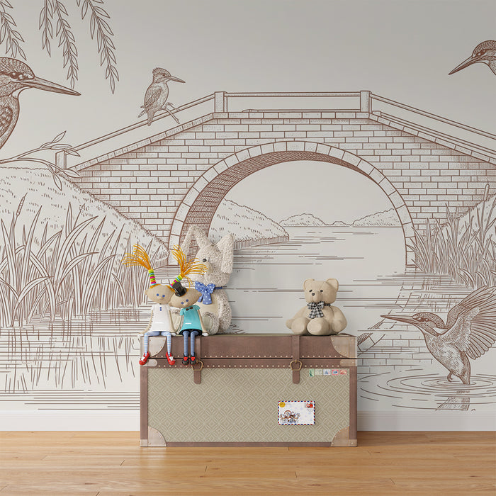 Papel de parede para quarto infantil | Pássaros coloridos e paisagem tranquila com uma ponte de tijolos