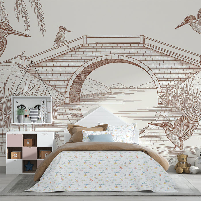Papel de parede para quarto infantil | Pássaros coloridos e paisagem tranquila com uma ponte de tijolos