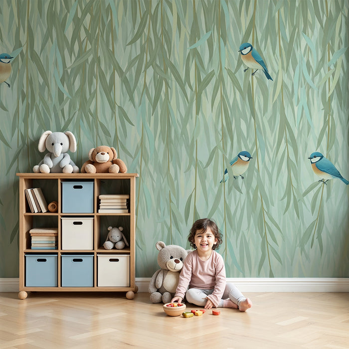 Papel pintado infantil | Pájaros coloridos entre follajes delicados