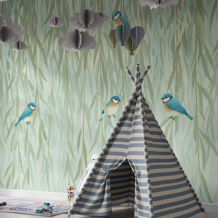Papel pintado infantil | Pájaros coloridos entre follajes delicados
