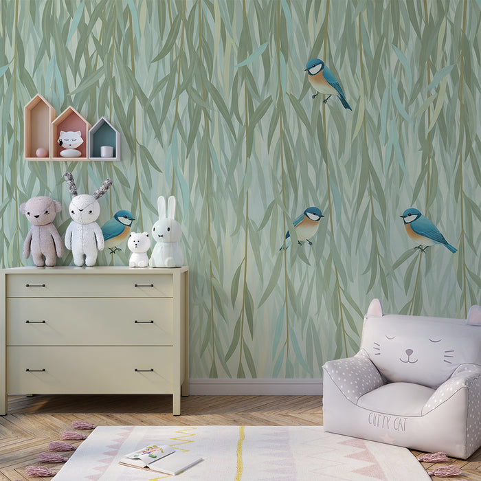 Papel pintado infantil | Pájaros coloridos entre follajes delicados