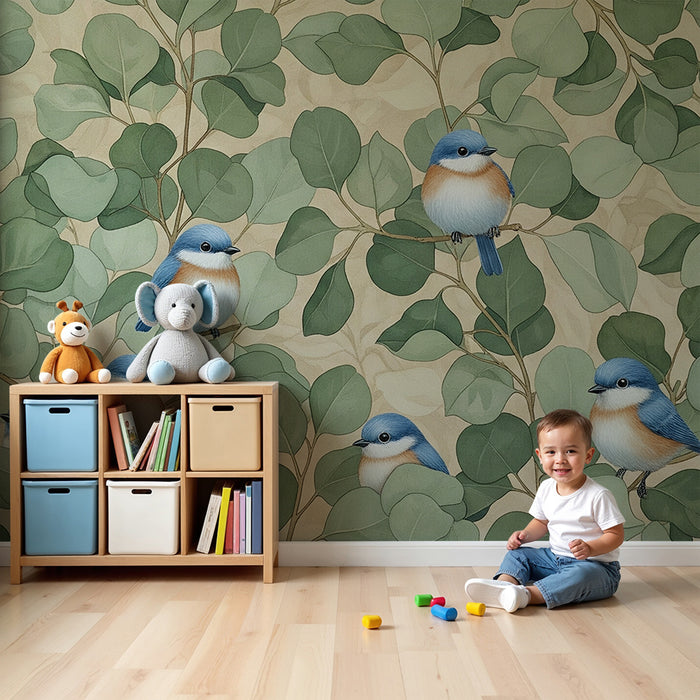 Papel pintado infantil | Pájaros coloridos posados entre hojas frondosas