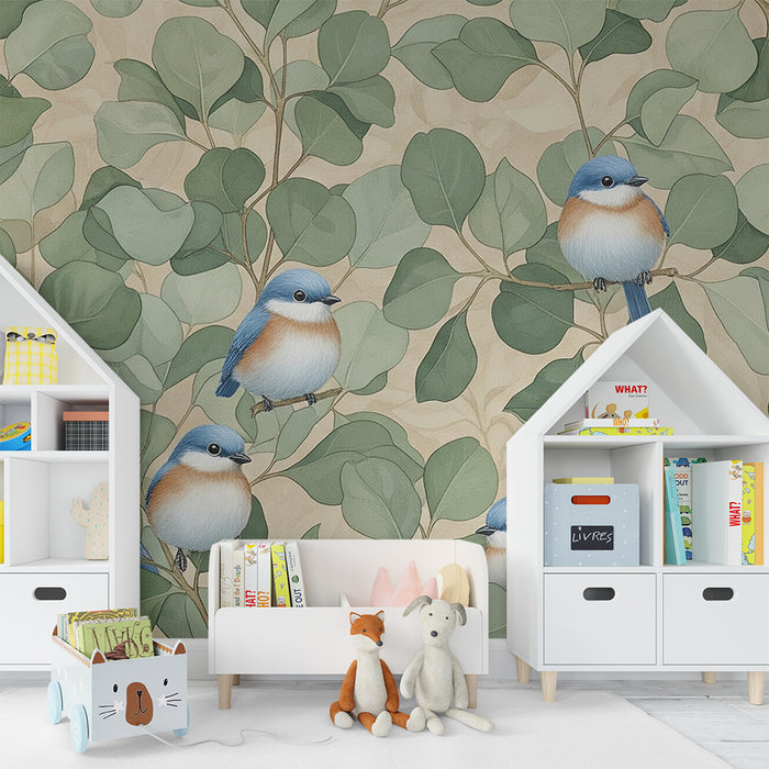Papel pintado infantil | Pájaros coloridos posados entre hojas frondosas