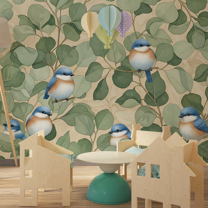 Papel pintado infantil | Pájaros coloridos posados entre hojas frondosas