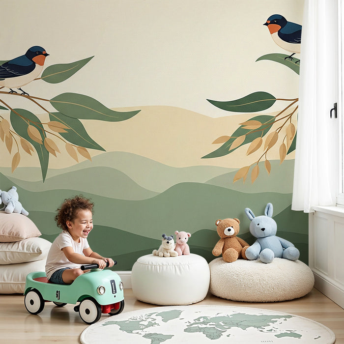 Tapeta do detskej izby | Farebné vtáky sediace na konároch s listami