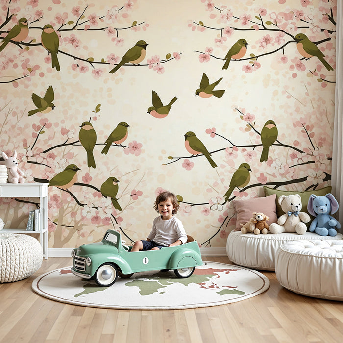 Papel pintado infantil | Pájaros coloridos posados en ramas floridas