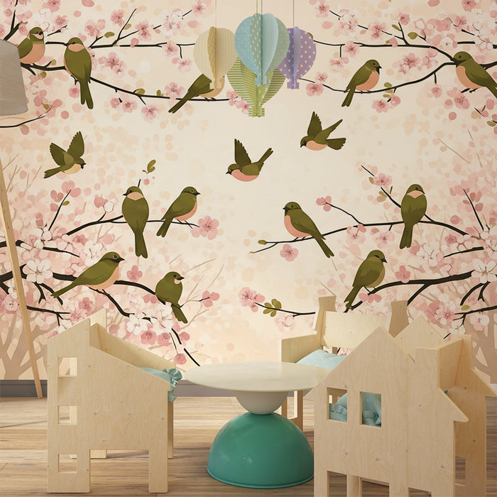 Papel pintado infantil | Pájaros coloridos posados en ramas floridas