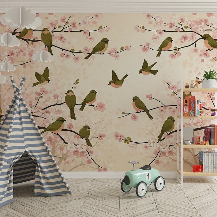 Papel pintado infantil | Pájaros coloridos posados en ramas floridas