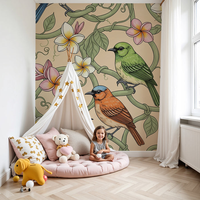 Kinderzimmer Tapete | Bunte Vögel auf Reben und exotischen Blumen sitzend