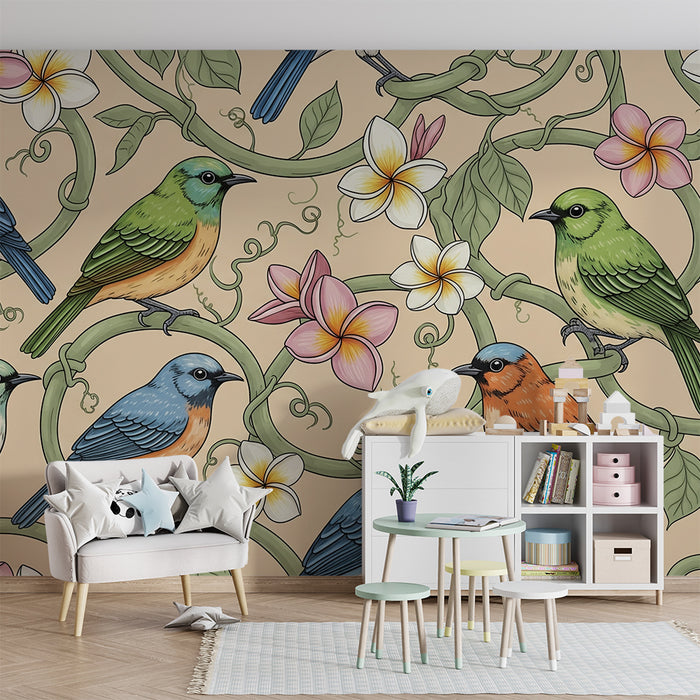 Kinderzimmer Tapete | Bunte Vögel auf Reben und exotischen Blumen sitzend