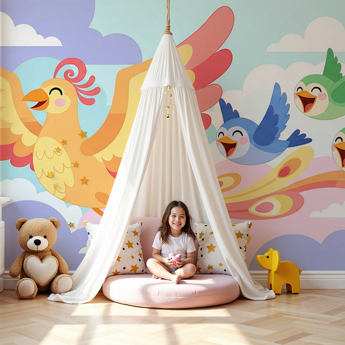 Kids room wallpaper | Colorful birds flying in a joyful sky