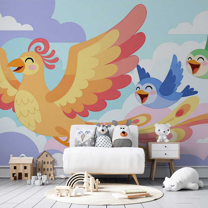 Kids room wallpaper | Colorful birds flying in a joyful sky