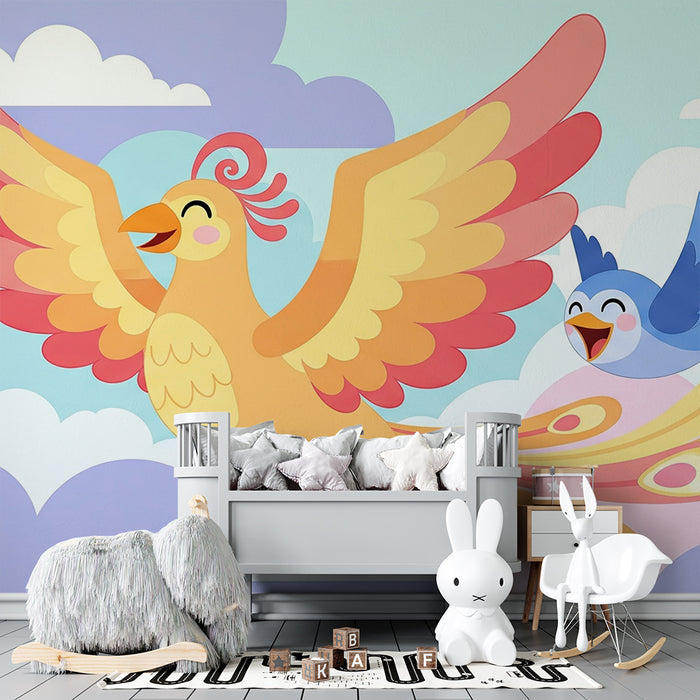 Kids room wallpaper | Colorful birds flying in a joyful sky