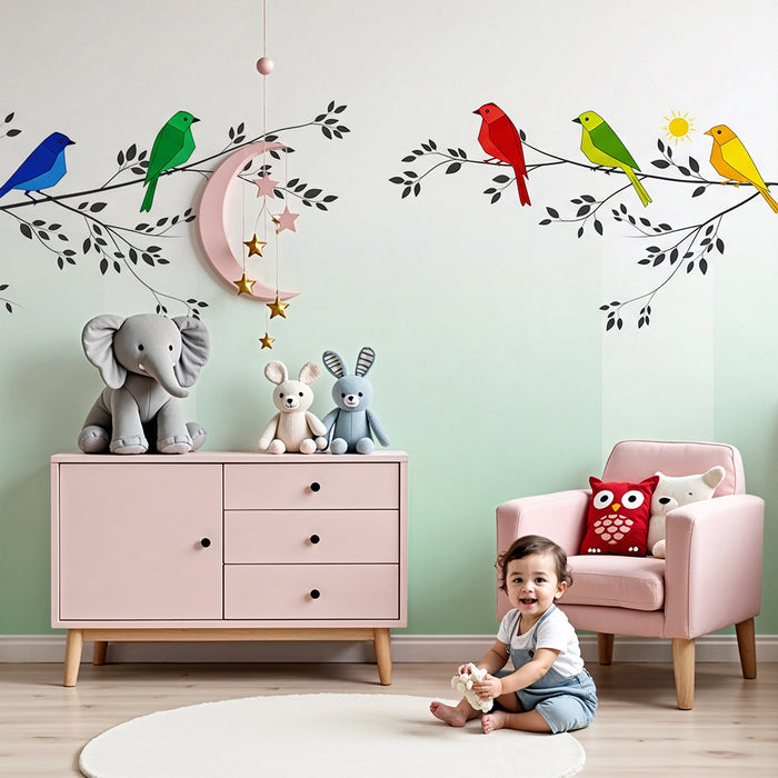 Papel de parede criança | Păsări colorate pe crengi cu un gradient delicat