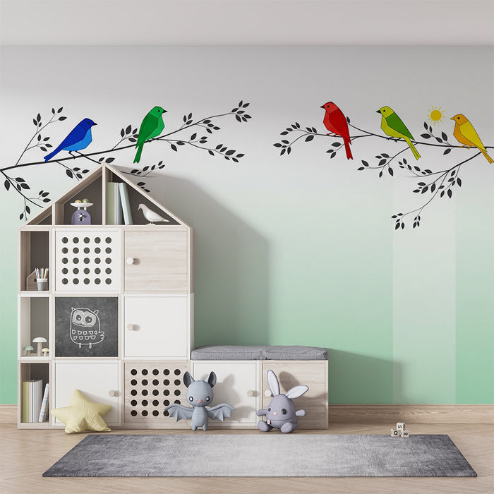 Papel de parede criança | Păsări colorate pe crengi cu un gradient delicat