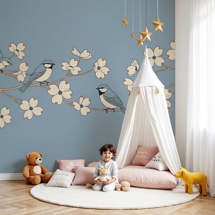 Papier peint chambre enfant | Oiseaux colorés sur des branches fleuries