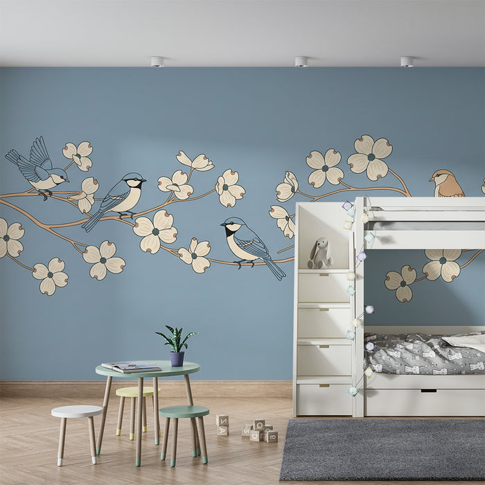Papier peint chambre enfant | Oiseaux colorés sur des branches fleuries