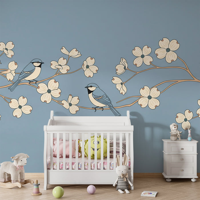 Papier peint chambre enfant | Oiseaux colorés sur des branches fleuries