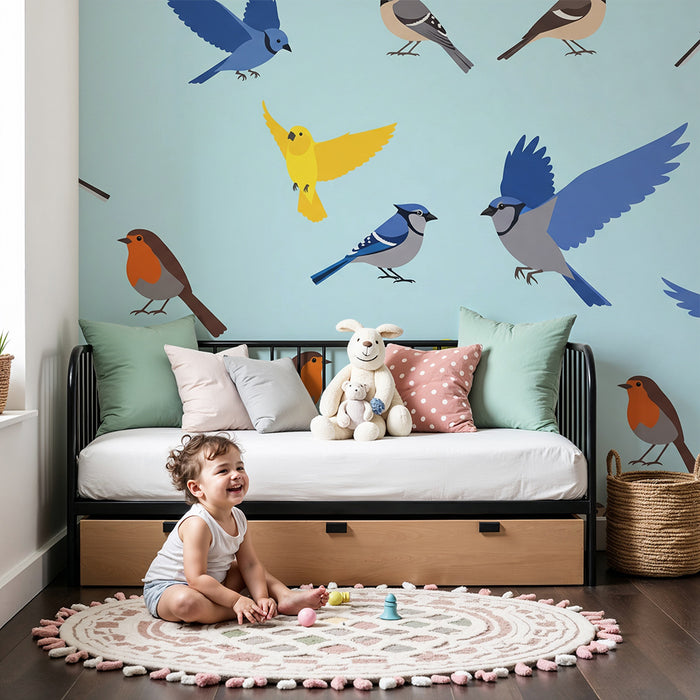 Papel de parede para quarto infantil | Pássaros coloridos em fundo azul
