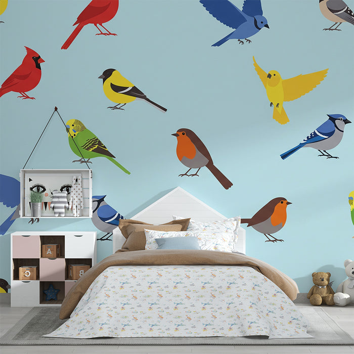 Papel de parede para quarto infantil | Pássaros coloridos em fundo azul