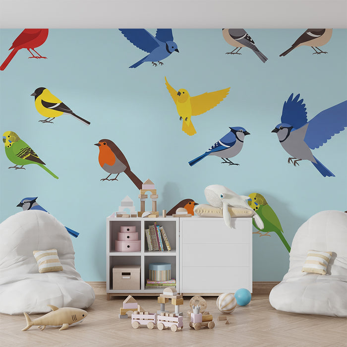 Papel de parede para quarto infantil | Pássaros coloridos em fundo azul