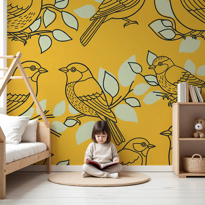 Children's bedroom wallpaper | Colorful birds on a yellow background with delicate foliage