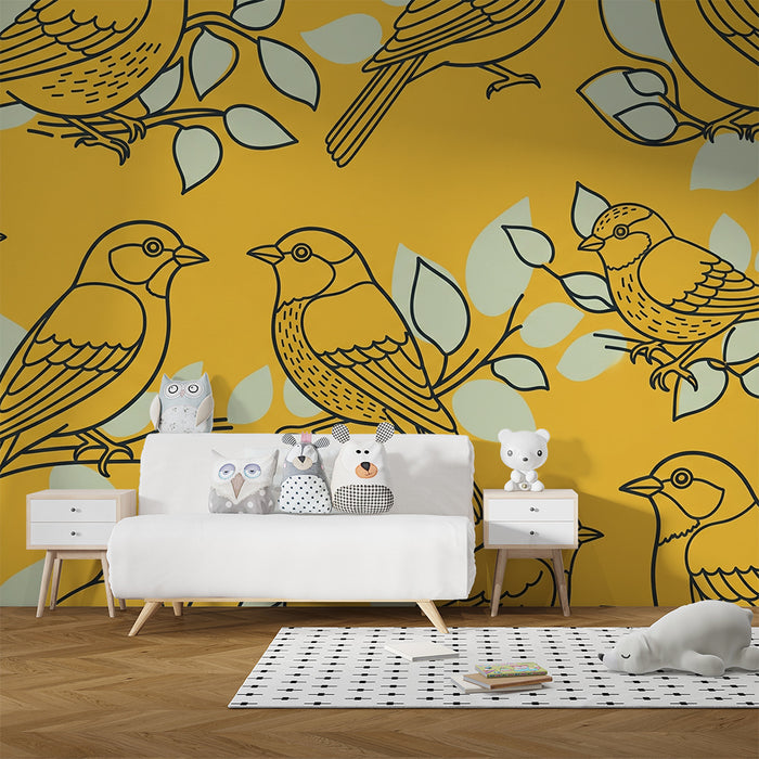 Children's bedroom wallpaper | Colorful birds on a yellow background with delicate foliage