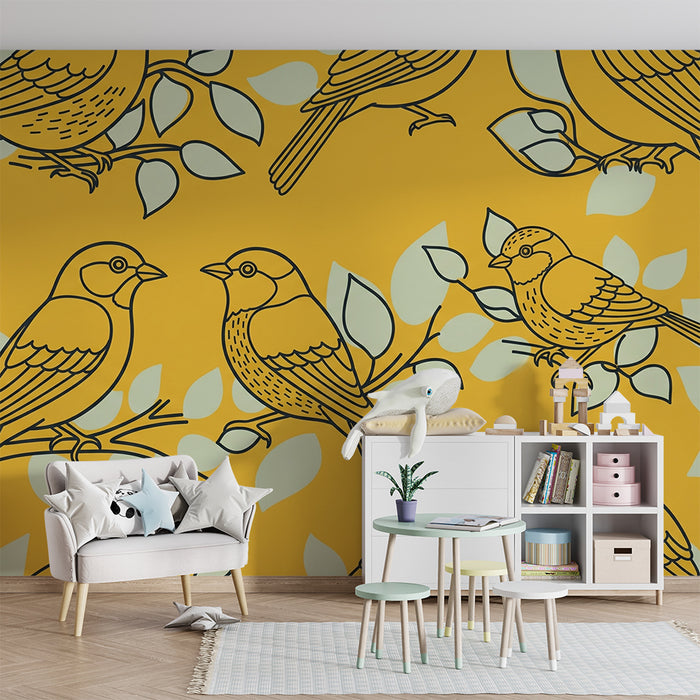 Children's bedroom wallpaper | Colorful birds on a yellow background with delicate foliage