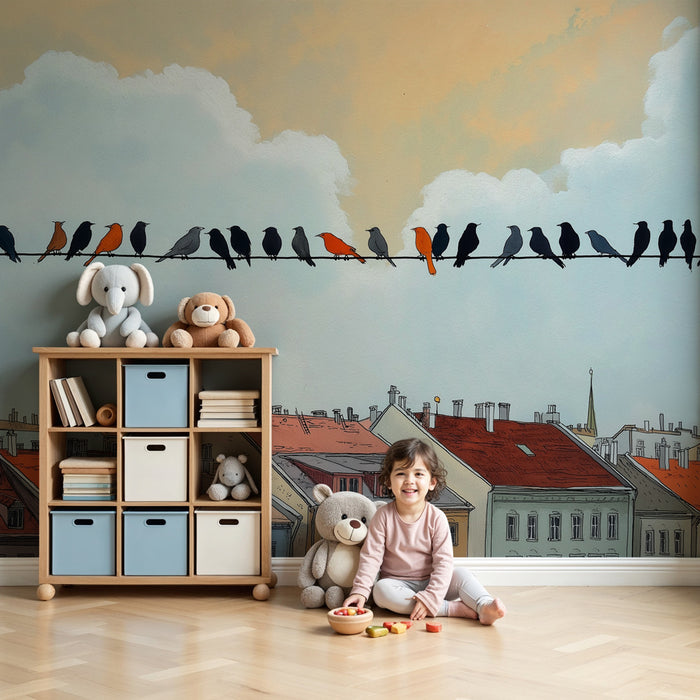 Tapet barnerom | Fargerike fugler på en strømledning
