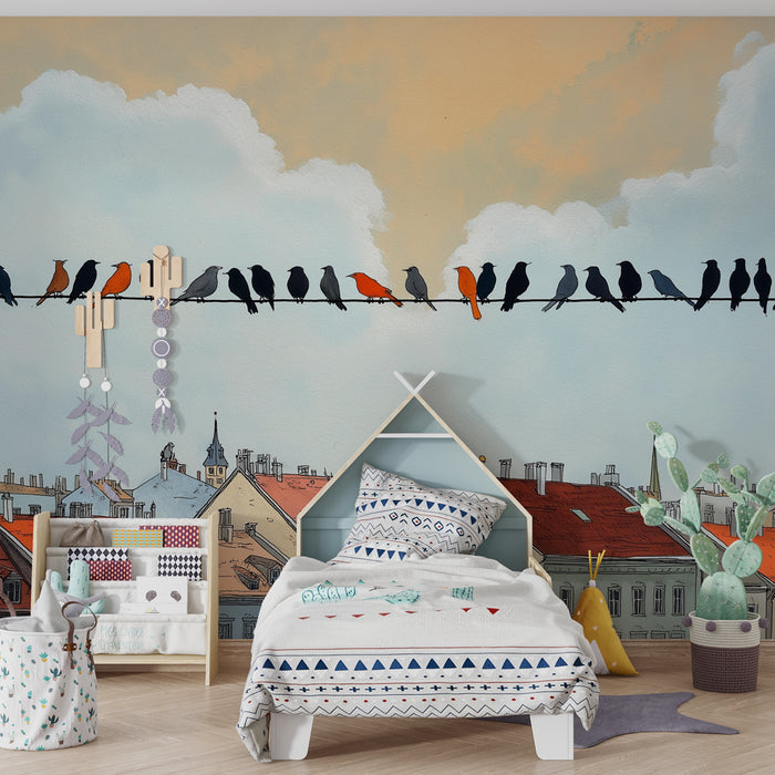 Tapet barnerom | Fargerike fugler på en strømledning