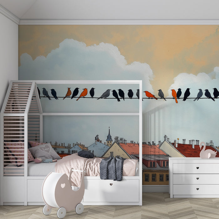 Tapet barnerom | Fargerike fugler på en strømledning