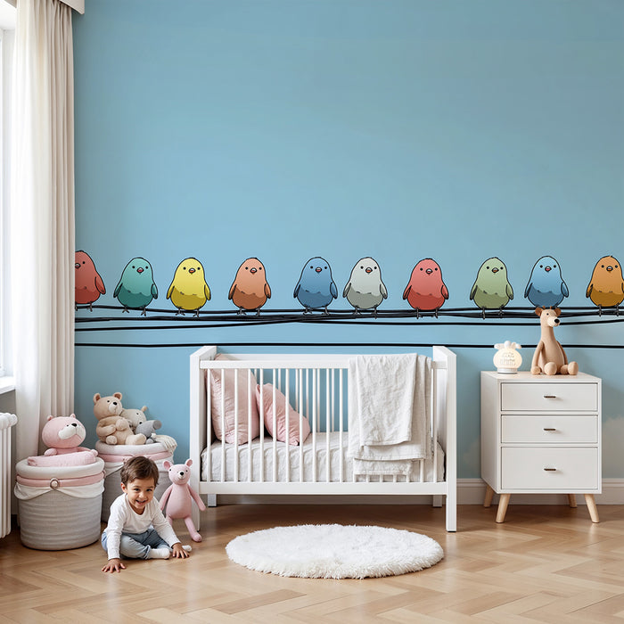 Kinderzimmer Tapete | Bunte Vögel auf einer Stromleitung unter einem blauen Himmel