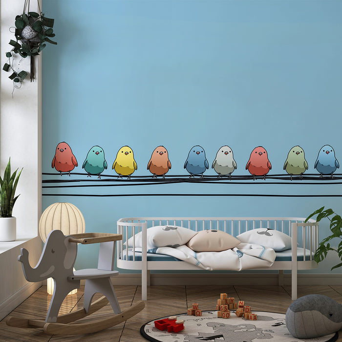 Kinderzimmer Tapete | Bunte Vögel auf einer Stromleitung unter einem blauen Himmel