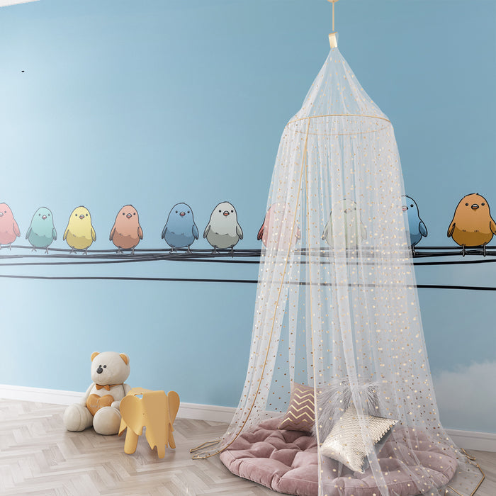 Kinderzimmer Tapete | Bunte Vögel auf einer Stromleitung unter einem blauen Himmel