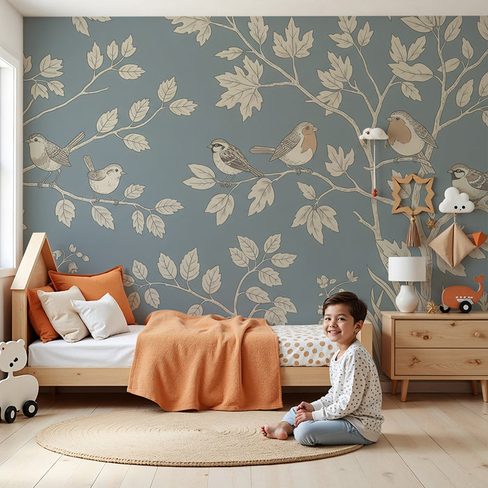 Lastenhuoneen tapetti | Hienovaraisia lintuja oksilla lehtevillä oksilla