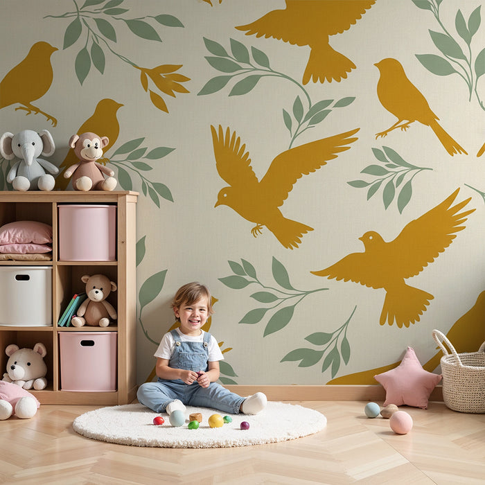 Papier peint chambre enfant | Oiseaux dorés et feuillage délicat sur fond clair