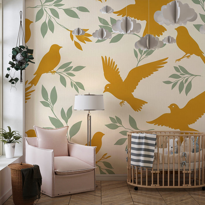 Papier peint chambre enfant | Oiseaux dorés et feuillage délicat sur fond clair
