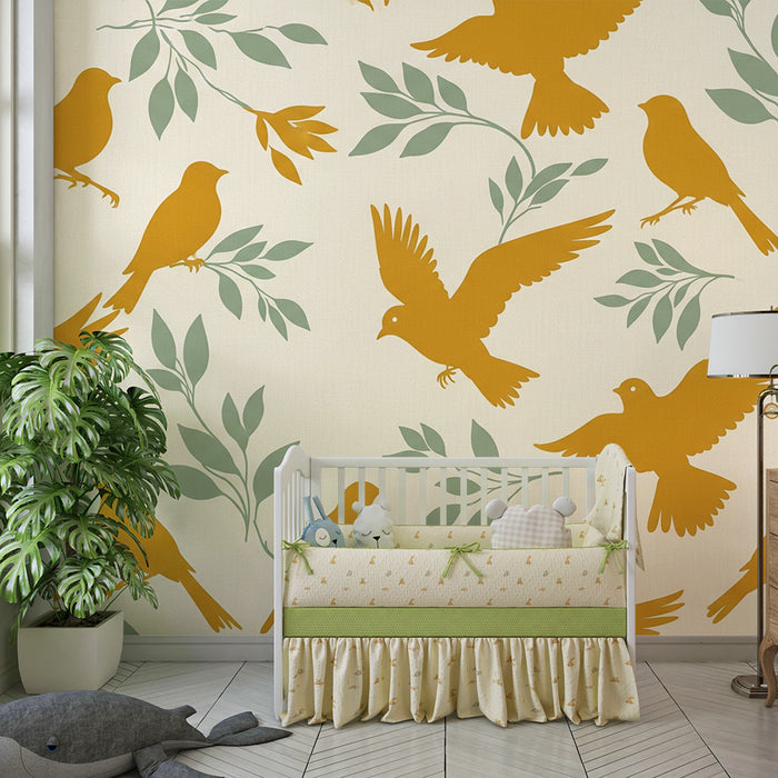 Papier peint chambre enfant | Oiseaux dorés et feuillage délicat sur fond clair