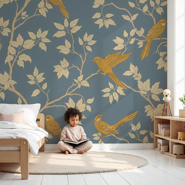 Papier peint chambre enfant | Oiseaux dorés perchés sur des branches feuillues