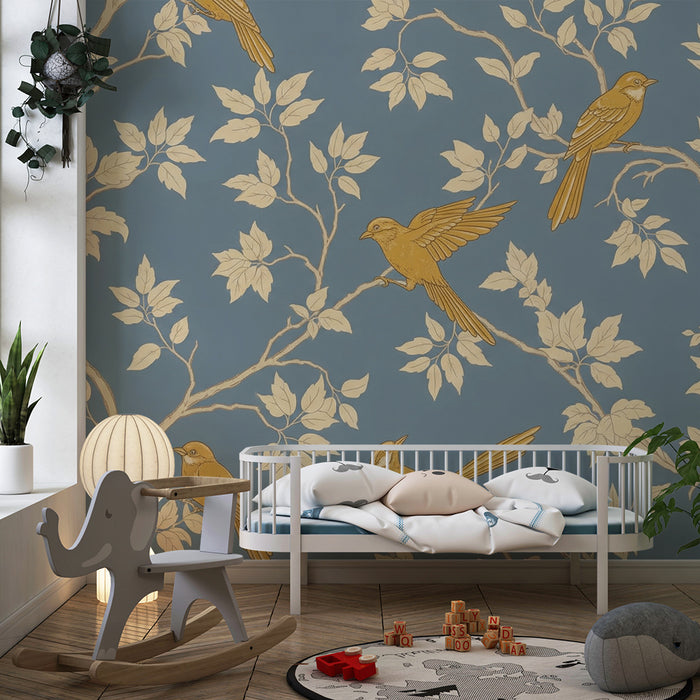 Papier peint chambre enfant | Oiseaux dorés perchés sur des branches feuillues