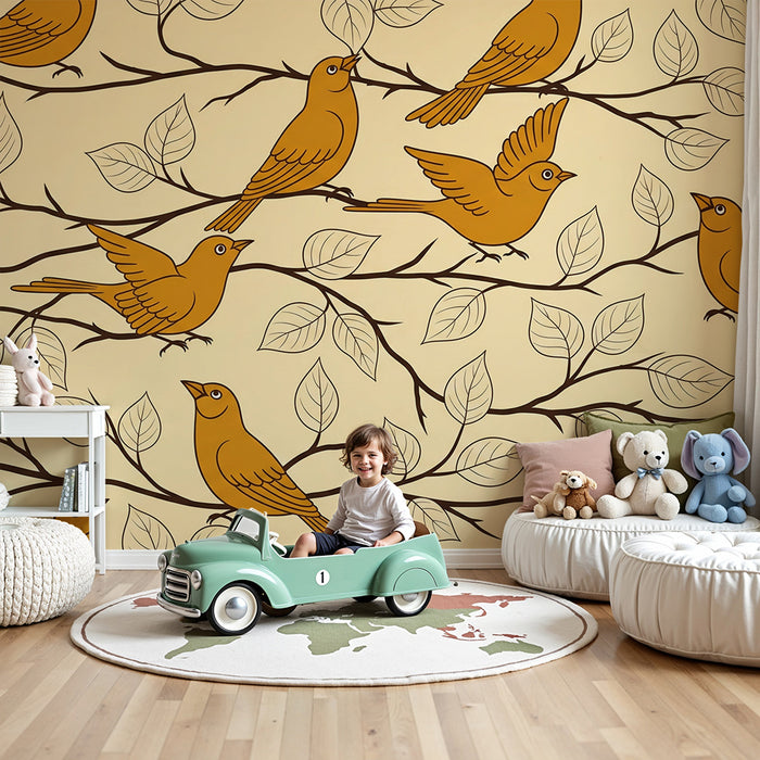 Papier peint chambre enfant | Oiseaux dorés sur branches avec feuillage délicat