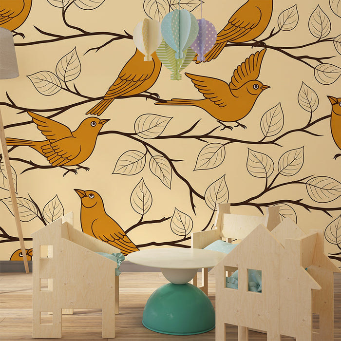 Papier peint chambre enfant | Oiseaux dorés sur branches avec feuillage délicat