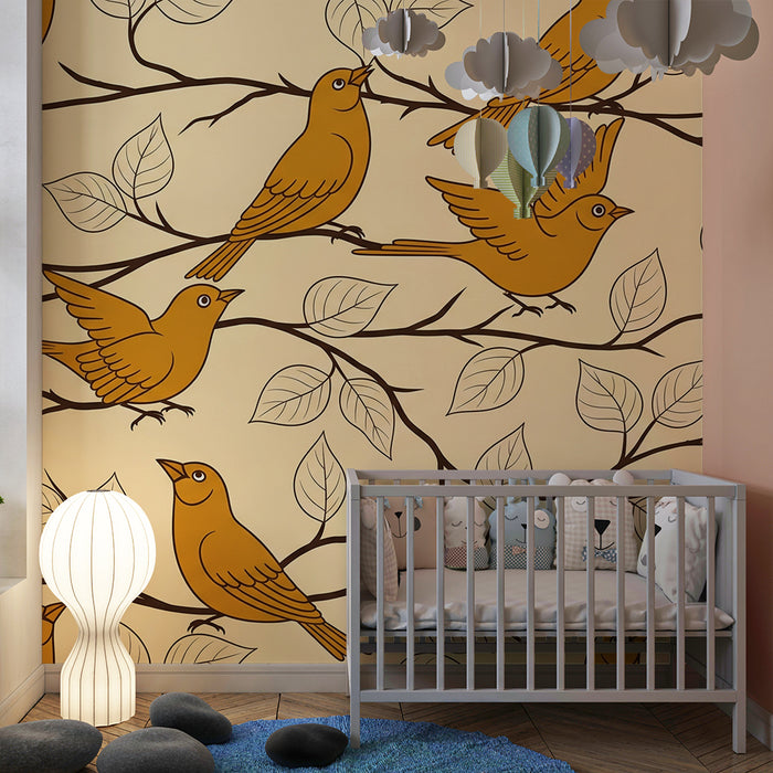 Papier peint chambre enfant | Oiseaux dorés sur branches avec feuillage délicat